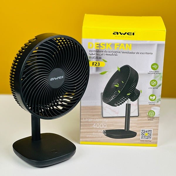 Awei F23 Portable USB Rechargeable Desk Fan (4000mAh)- Black Color